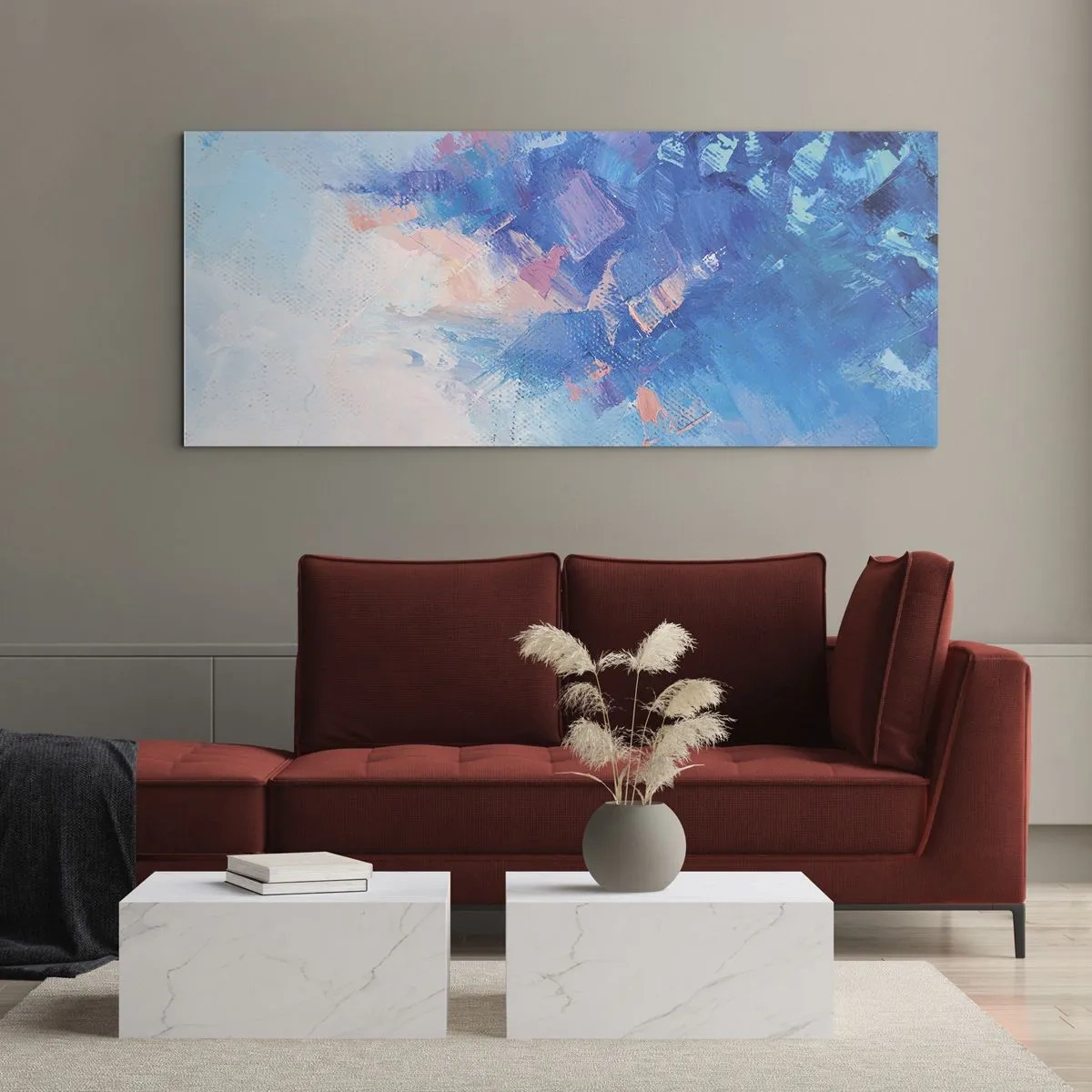 Impression sur verre - Image sur verre - Composition abstraite dans les tons de bleu et de rose - 120x50cm - Abstraction hivernale - Décoration murale moderne pour le salon et la chambre ARTTOR