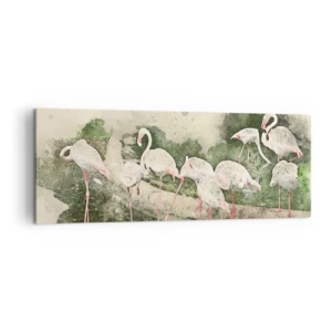 Impression sur toile - Image sur toile - Flamants roses dans leur environnement naturel dans un style aquarelle - 140x50cm - Rêve exotique - Décoration murale moderne pour le salon et la chambre ARTTOR