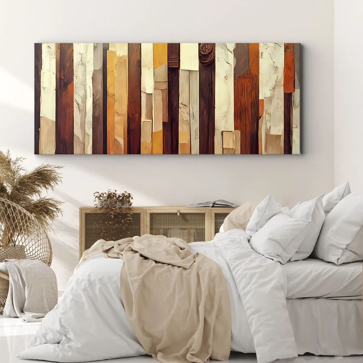 Impression sur toile - Image sur toile - Composition géométrique dans les tons de bois et d'or - 160x50cm - Hymne des arbres forestiers - Décoration murale moderne pour le salon et la chambre ARTTOR