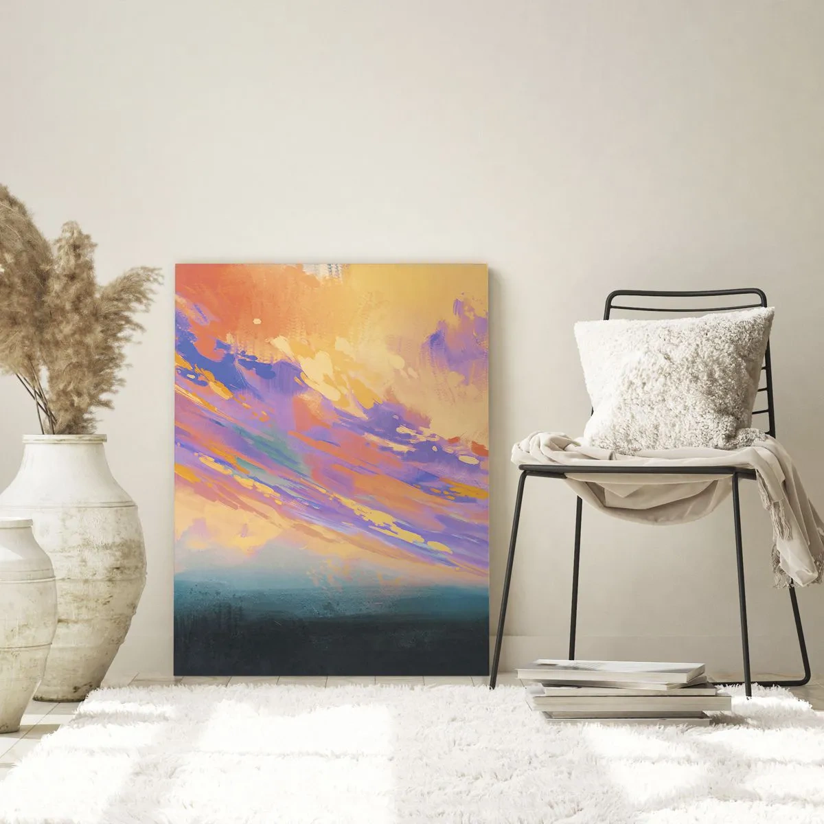 Impression sur verre - Image sur verre - Une scène dynamique avec des personnages sur fond de ciel coucher de soleil coloré - 70x100cm - La force d'attraction - Décoration murale moderne pour le salon et la chambre ARTTOR