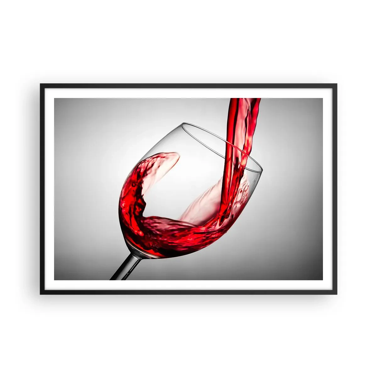 Affiche dans un cadre noir - Poster - Un verre de vin rouge versé sur un fond clair - 100x70cm - Nuance - mouvement - son - Décoration murale moderne pour le salon et la chambre ARTTOR