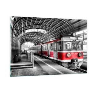 Impression sur verre - Image sur verre - Train rouge à la gare sous un toit - 120x80cm - C'est peut-être le voyage de votre vie ? - Décoration murale moderne pour le salon et la chambre ARTTOR