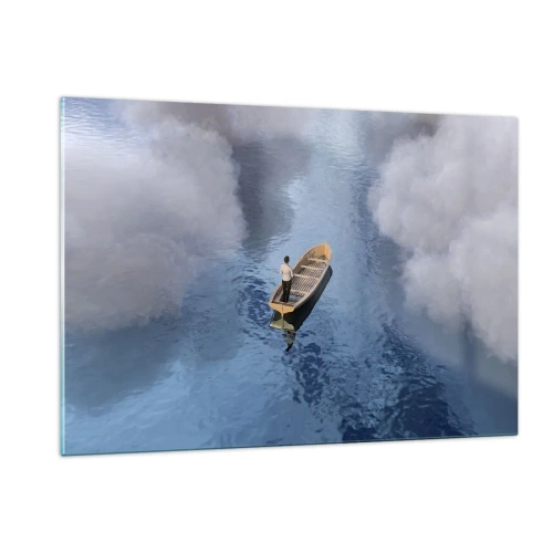 Impression sur verre - Image sur verre - Un homme dans un bateau naviguant sur l'eau parmi les nuages - 120x80cm - Vie – voyage – inconnu - Décoration murale moderne pour le salon et la chambre ARTTOR