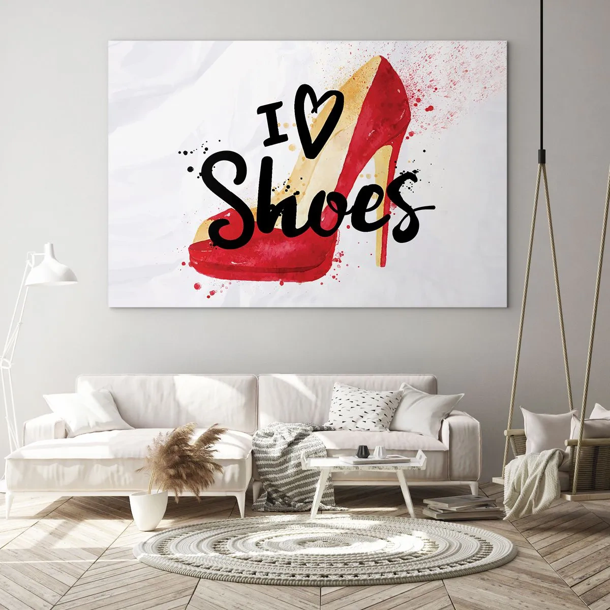 Impression sur verre - Image sur verre - Un talon haut rouge et les mots « J'aime les chaussures » sur un fond clair - 70x50cm - L'amour a plusieurs noms - Décoration murale moderne pour le salon et la chambre ARTTOR