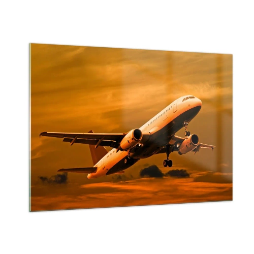 Impression sur verre - Image sur verre - Un avion décollant dans un ciel orange - 100x70cm - Vol vers le soleil - Décoration murale moderne pour le salon et la chambre ARTTOR