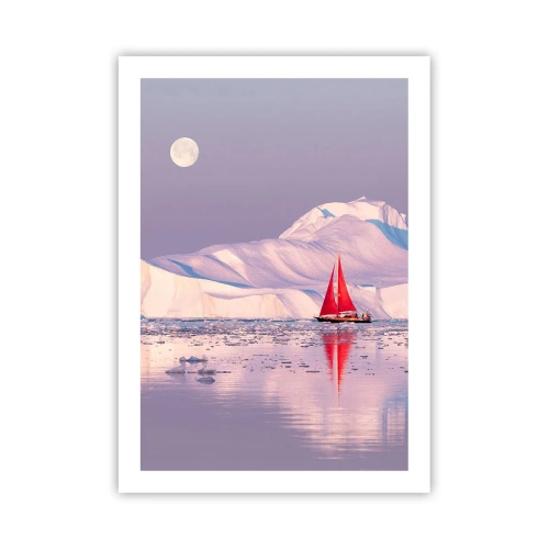 Affiche - Poster - Une voile rouge sur fond d'icebergs sous la pleine lune - 50x70cm - La chaleur de la voile, le froid de la glace - Décoration murale moderne pour le salon et la chambre ARTTOR