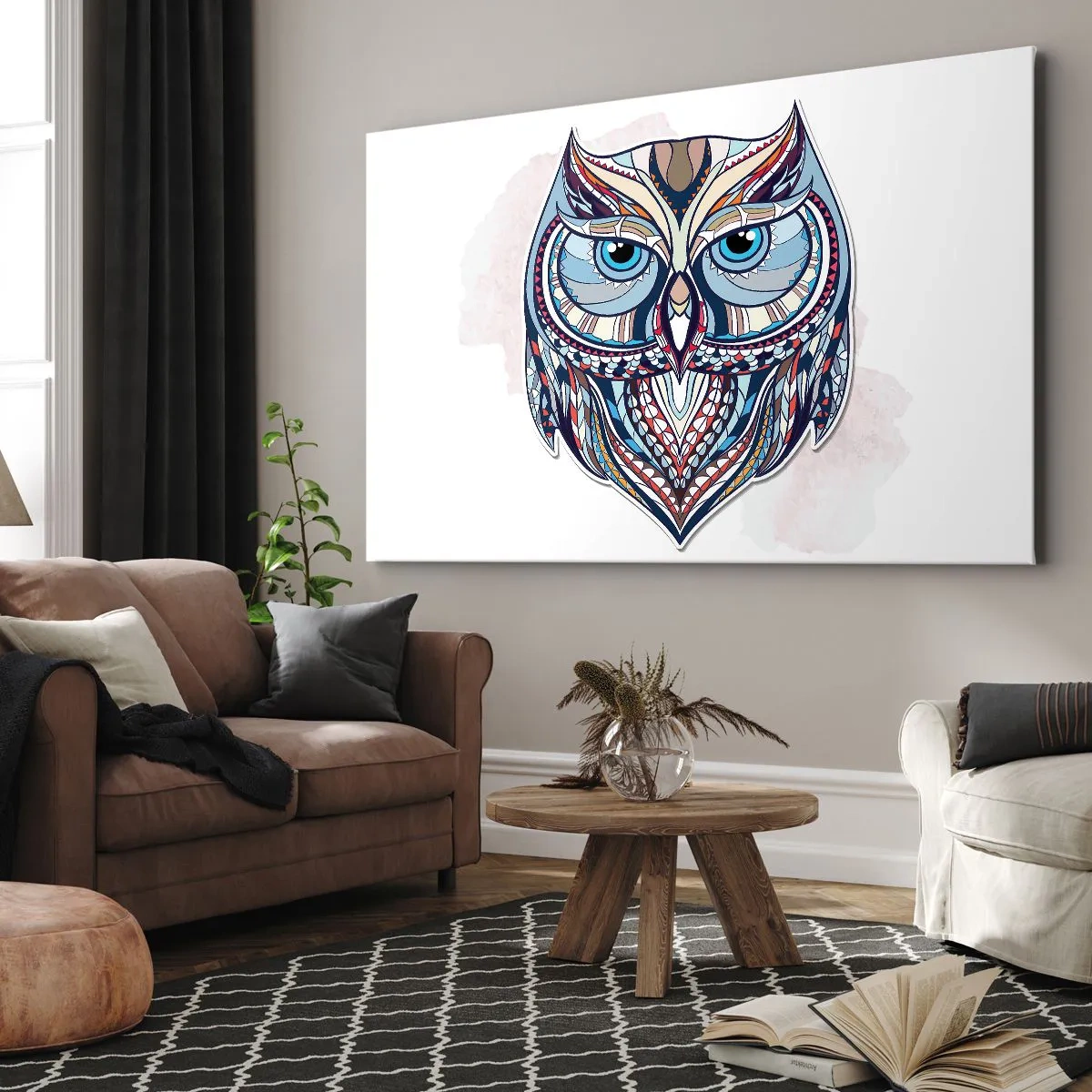 Impression sur toile - Image sur toile - Chouette géométrique dans les tons bleu et beige - 120x80cm - Chouette ornementale élaborée - Décoration murale moderne pour le salon et la chambre ARTTOR