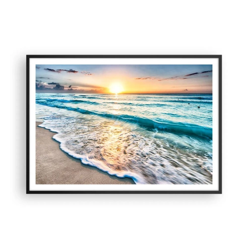 Affiche dans un cadre noir - Poster - Lever de soleil sur une plage tranquille avec des vagues - 100x70cm - Une vue qui en vaut la peine - Décoration murale moderne pour le salon et la chambre ARTTOR