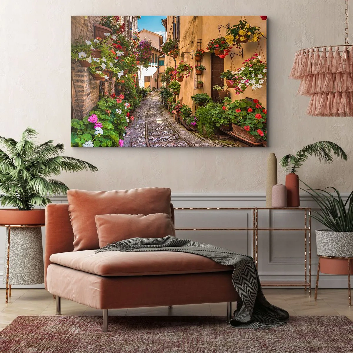 Impression sur toile - Image sur toile - Une charmante rue pleine de fleurs et de pots de fleurs - 70x50cm - Ruelle italienne - Décoration murale moderne pour le salon et la chambre ARTTOR