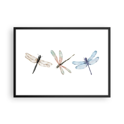 Affiche dans un cadre noir - Poster - Trois libellules aux couleurs pastel délicates - 70x50cm - Libellules en apesanteur - Décoration murale moderne pour le salon et la chambre ARTTOR