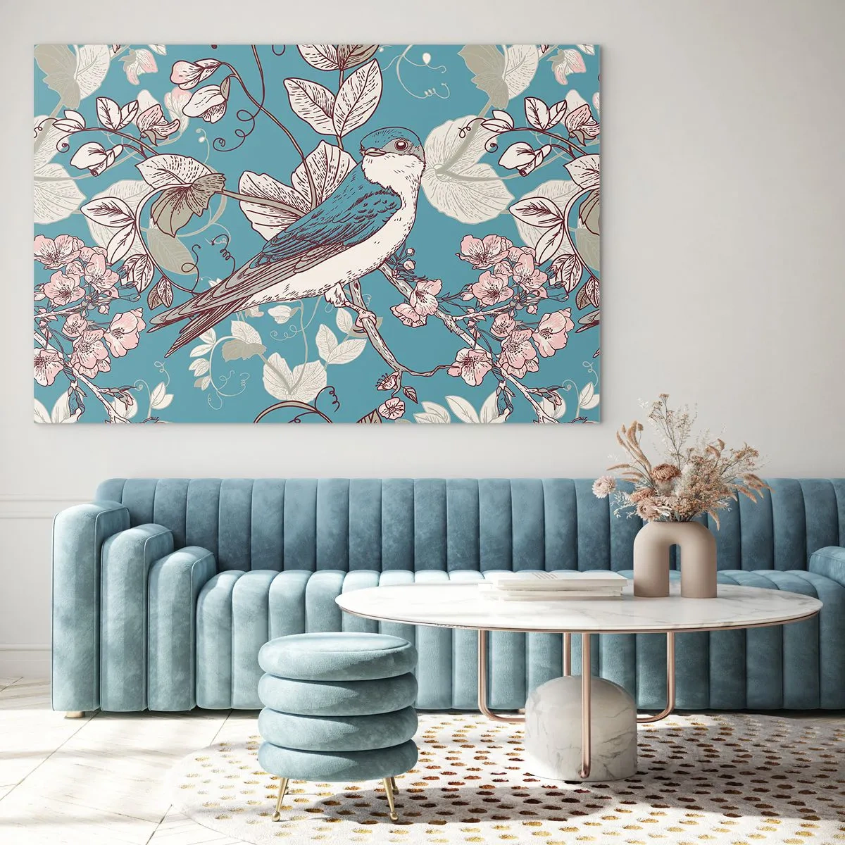 Impression sur verre - Image sur verre - Un oiseau sur une branche parmi des fleurs sur un fond turquoise - 100x70cm - Dans le bois blanc du rouge et de l'argent - Décoration murale moderne pour le salon et la chambre ARTTOR