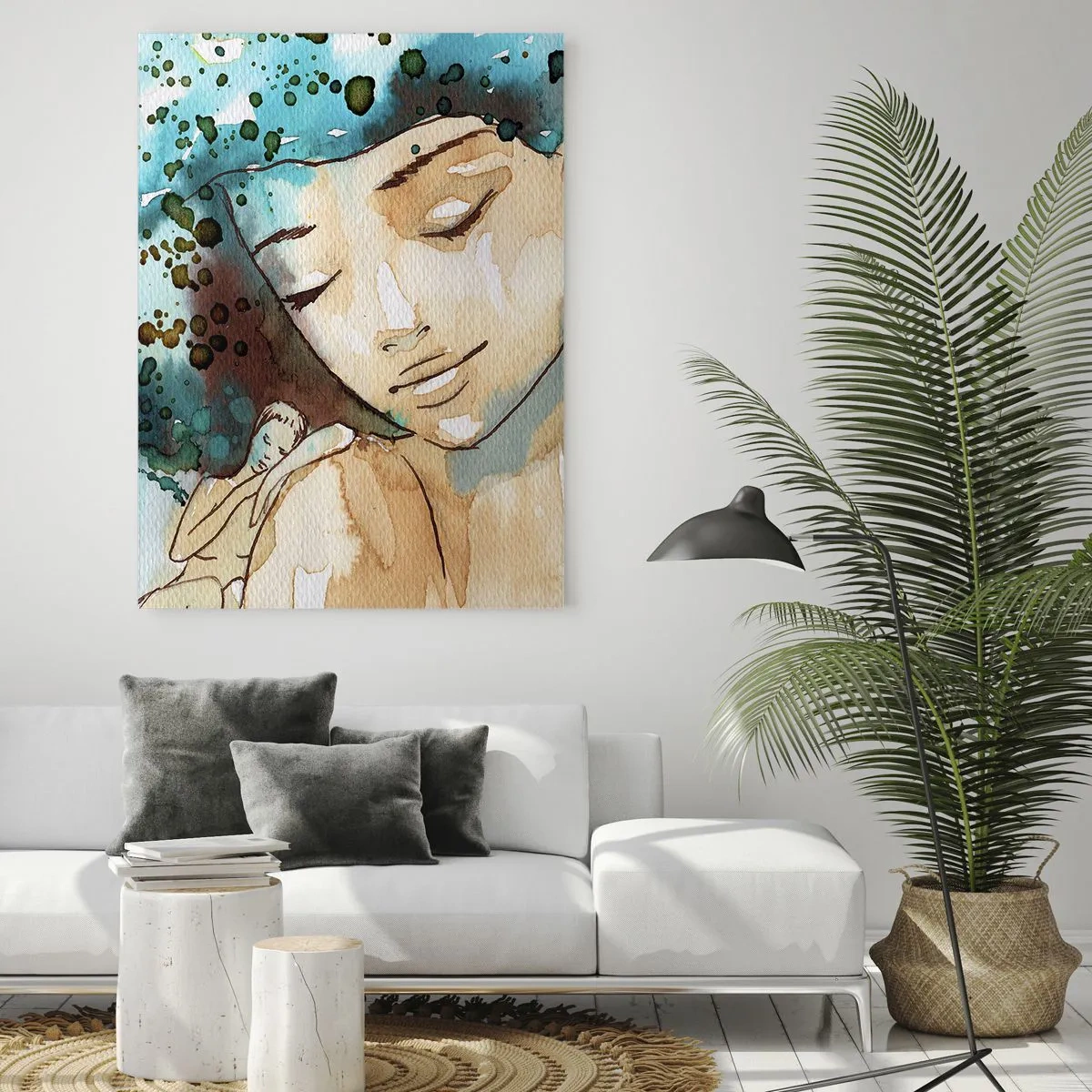 Impression sur verre - Image sur verre - Portrait à l'aquarelle d'une femme aux yeux fermés - 50x70cm - Lady in blue - Décoration murale moderne pour le salon et la chambre ARTTOR