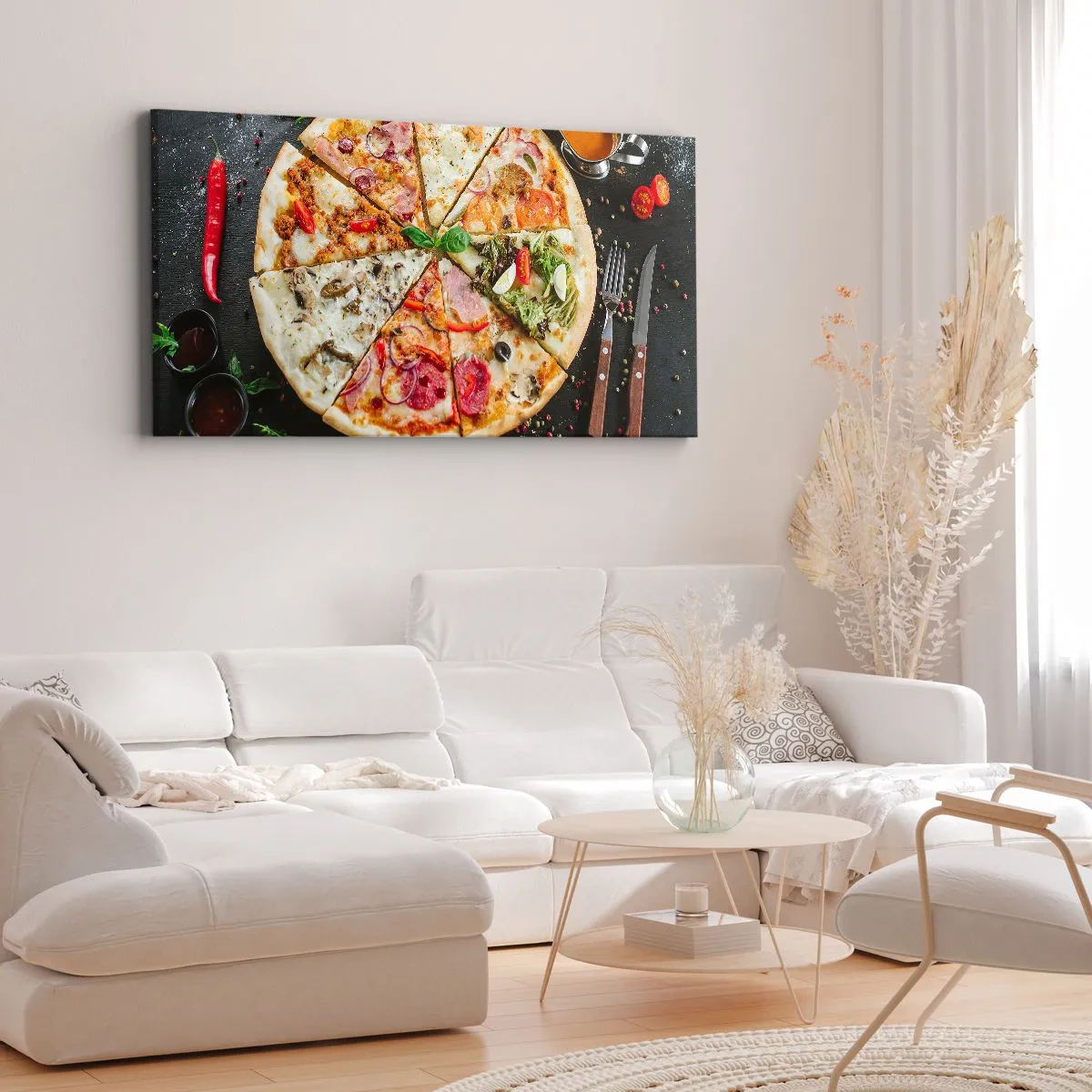 Impression sur toile - Image sur toile - Pizza aux saveurs variées avec un fond de garnitures - 120x50cm - Une gamme de saveurs - Décoration murale moderne pour le salon et la chambre ARTTOR