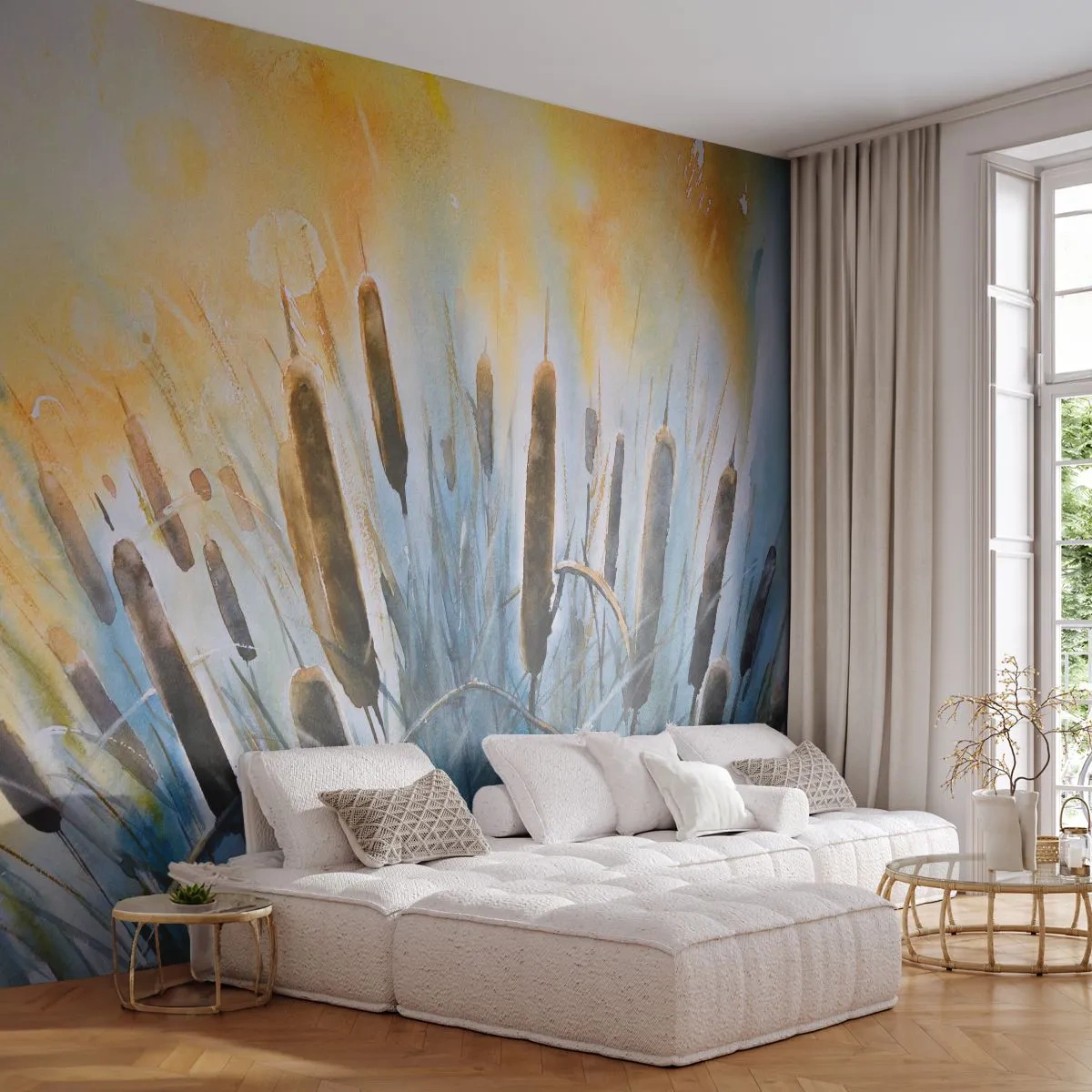 Papier Peint Photo Premium Sand - Quenouilles à l'aquarelle sur fond de ciel ensoleillé - 100x70cm - Fraicheur de l'eau, chaleur du soleil - Décoration murale moderne pour le salon et la chambre ARTTOR