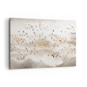 Impression sur toile - Image sur toile - Oiseaux dorés contre les montagnes brumeuses - 100x70cm - Il est l'heure… - Décoration murale moderne pour le salon et la chambre ARTTOR
