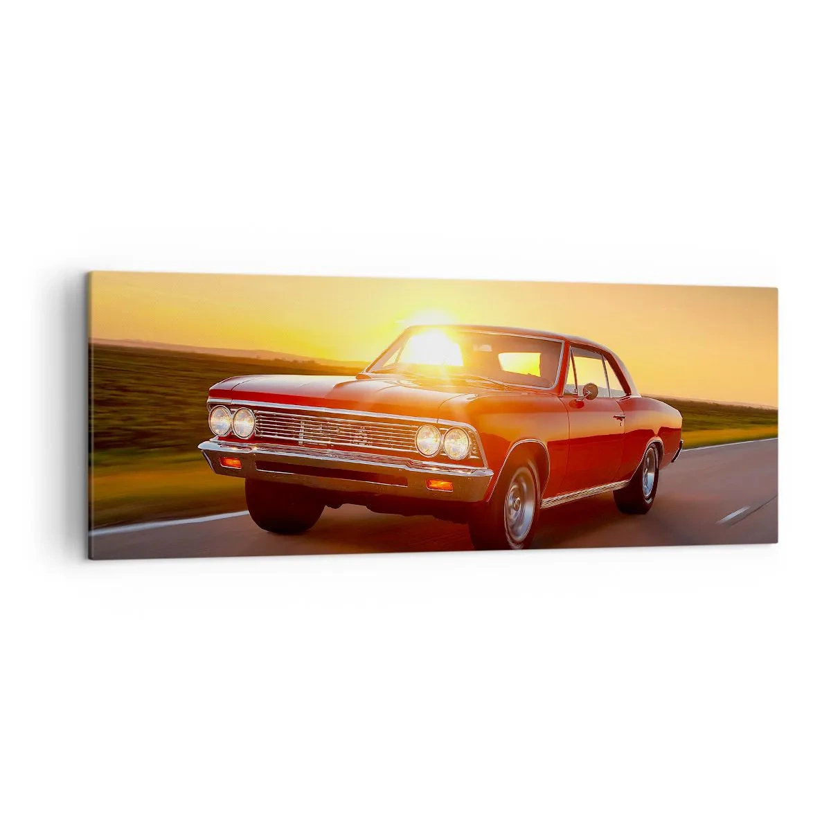 Impression sur toile - Image sur toile - Une voiture rouge au soleil couchant sur une route ouverte - 140x50cm - Le désir est de couleur rouge - Décoration murale moderne pour le salon et la chambre ARTTOR