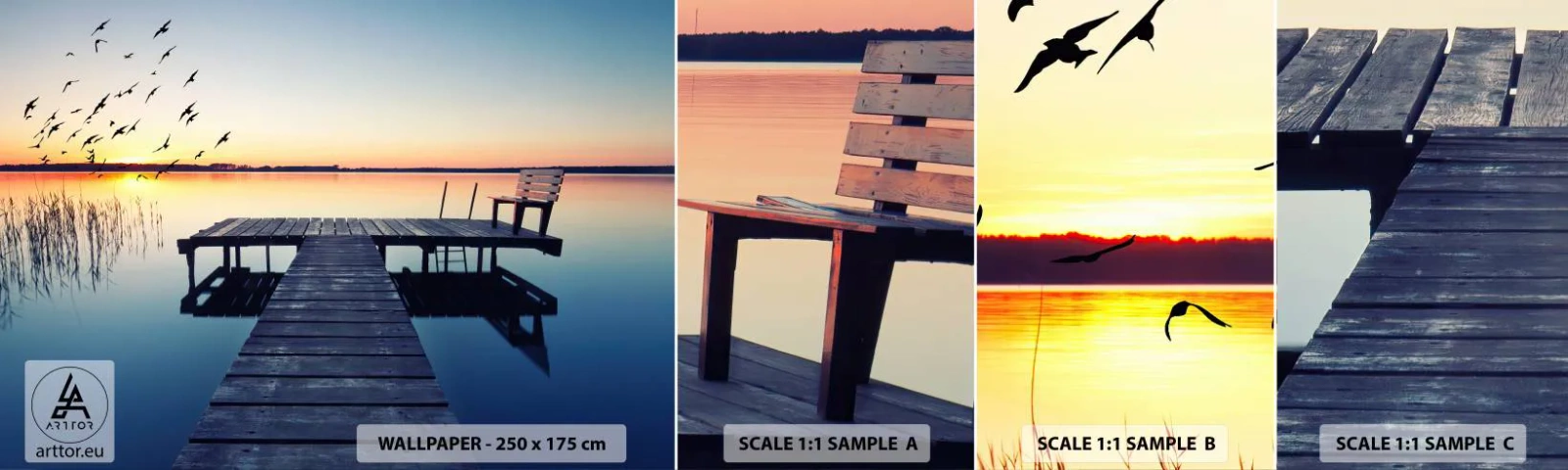 Échantillon de Papier Peint Autocollant Deluxe Sticker - C'était une bonne journée - Paysage, Lac, Pont de bois - 100x30 cm