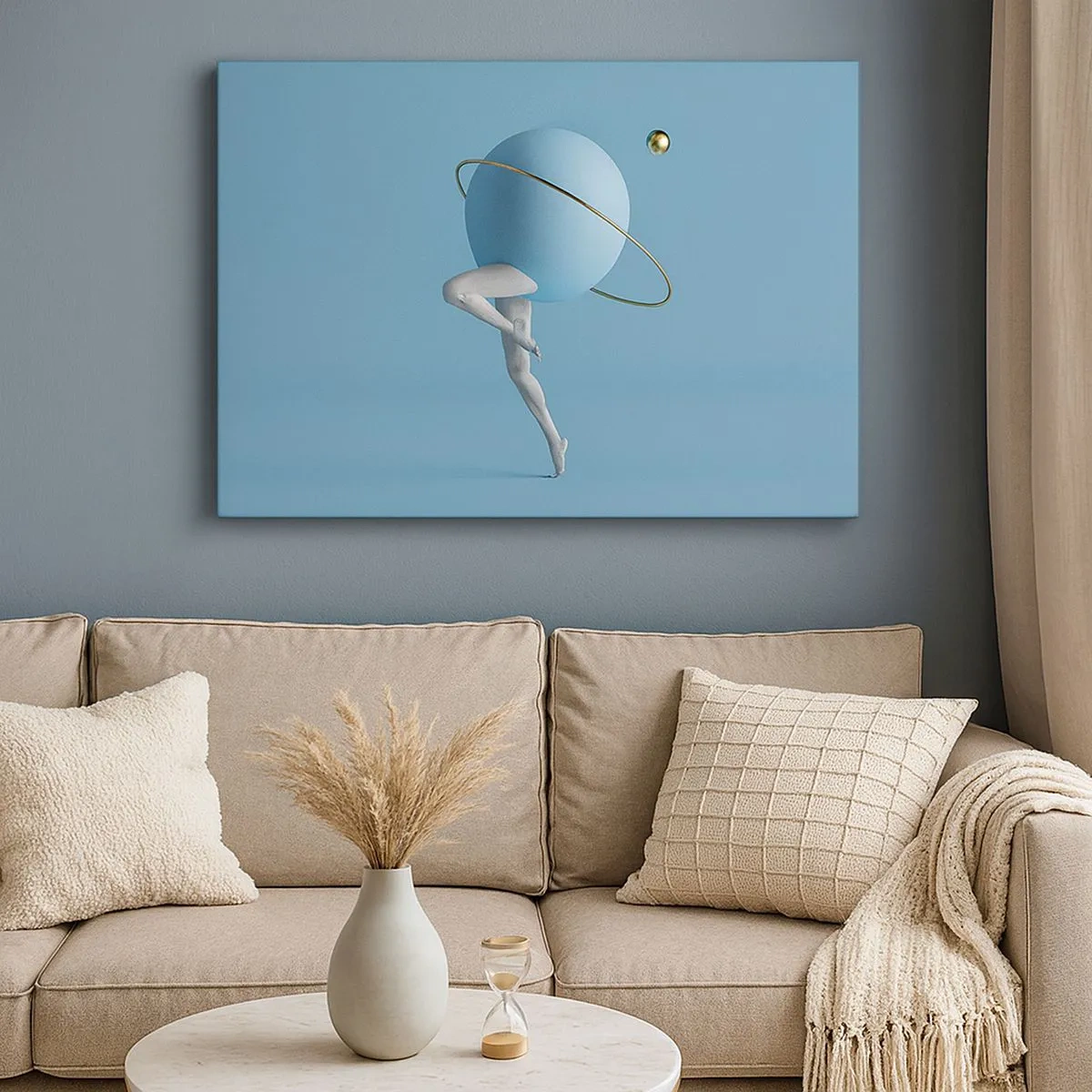 Impression sur toile - Image sur toile - Une sphère bleue avec une orbite et des jambes humaines contre le ciel - 70x50cm - Et les planètes deviennent folles - Décoration murale moderne pour le salon et la chambre ARTTOR