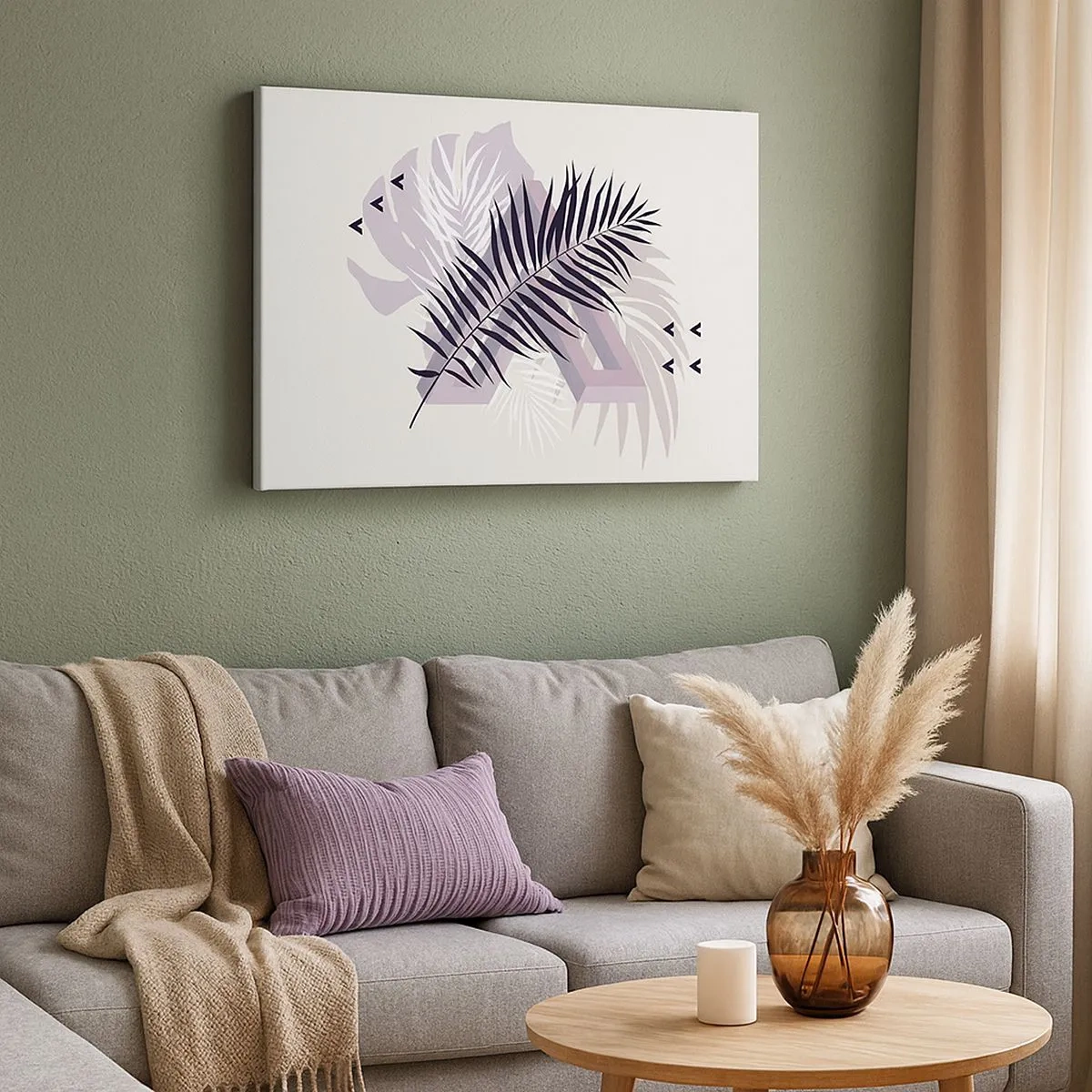 Impression sur toile - Image sur toile - Une composition minimaliste avec des feuilles et des formes géométriques - 70x50cm - L'ombre de l'obscurité - Décoration murale moderne pour le salon et la chambre ARTTOR