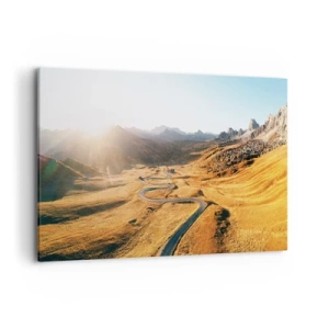 Impression sur toile - Image sur toile - Une route sinueuse dans les montagnes éclairée par le soleil couchant - 120x80cm - Dans une vallée dorée - Décoration murale moderne pour le salon et la chambre ARTTOR