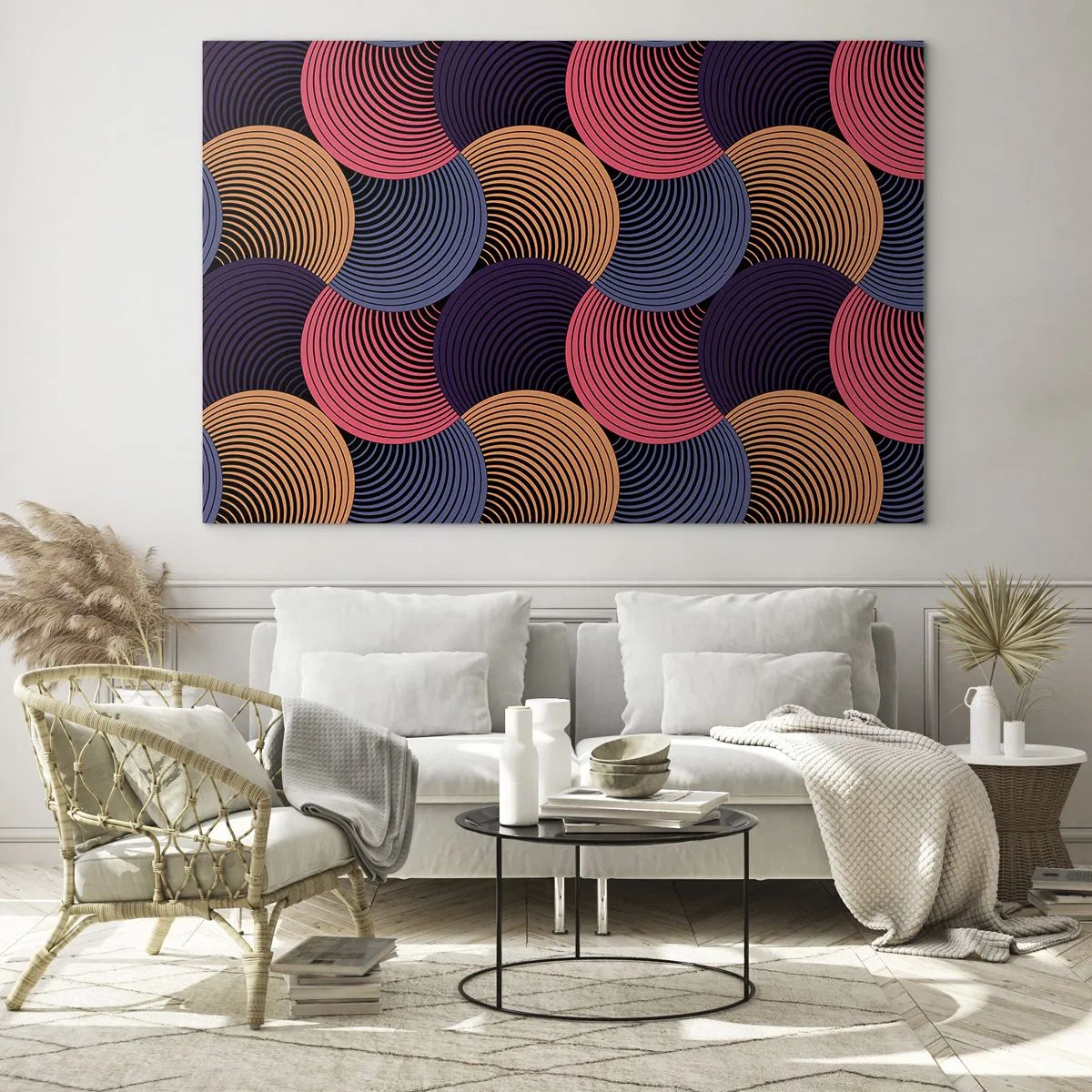 Impression sur verre - Image sur verre - Cercles concentriques colorés formant un motif géométrique - 70x50cm - Dans un rythme circulaire - Décoration murale moderne pour le salon et la chambre ARTTOR