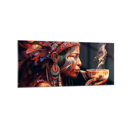 Impression sur verre - Image sur verre - Une figure colorée de style ethnique avec une tasse de boisson fumante - 120x50cm - Rituel magique - Décoration murale moderne pour le salon et la chambre ARTTOR
