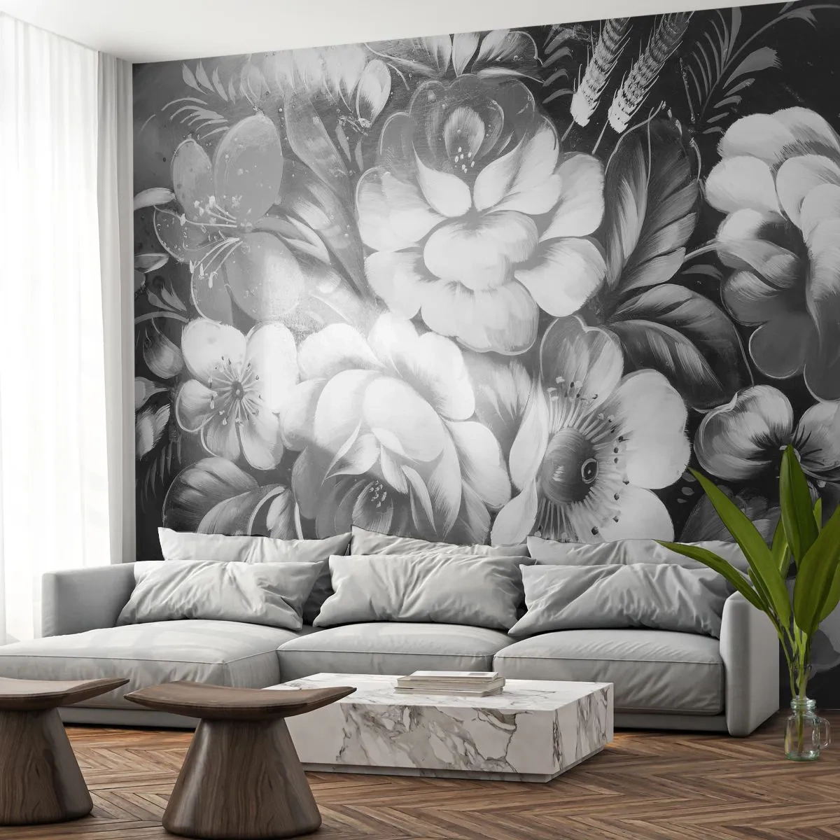 Papier Peint Autocollant Deluxe Sticker - Belle même en gris - Abstraction, Fleurs, Morceau - 250x175 cm
