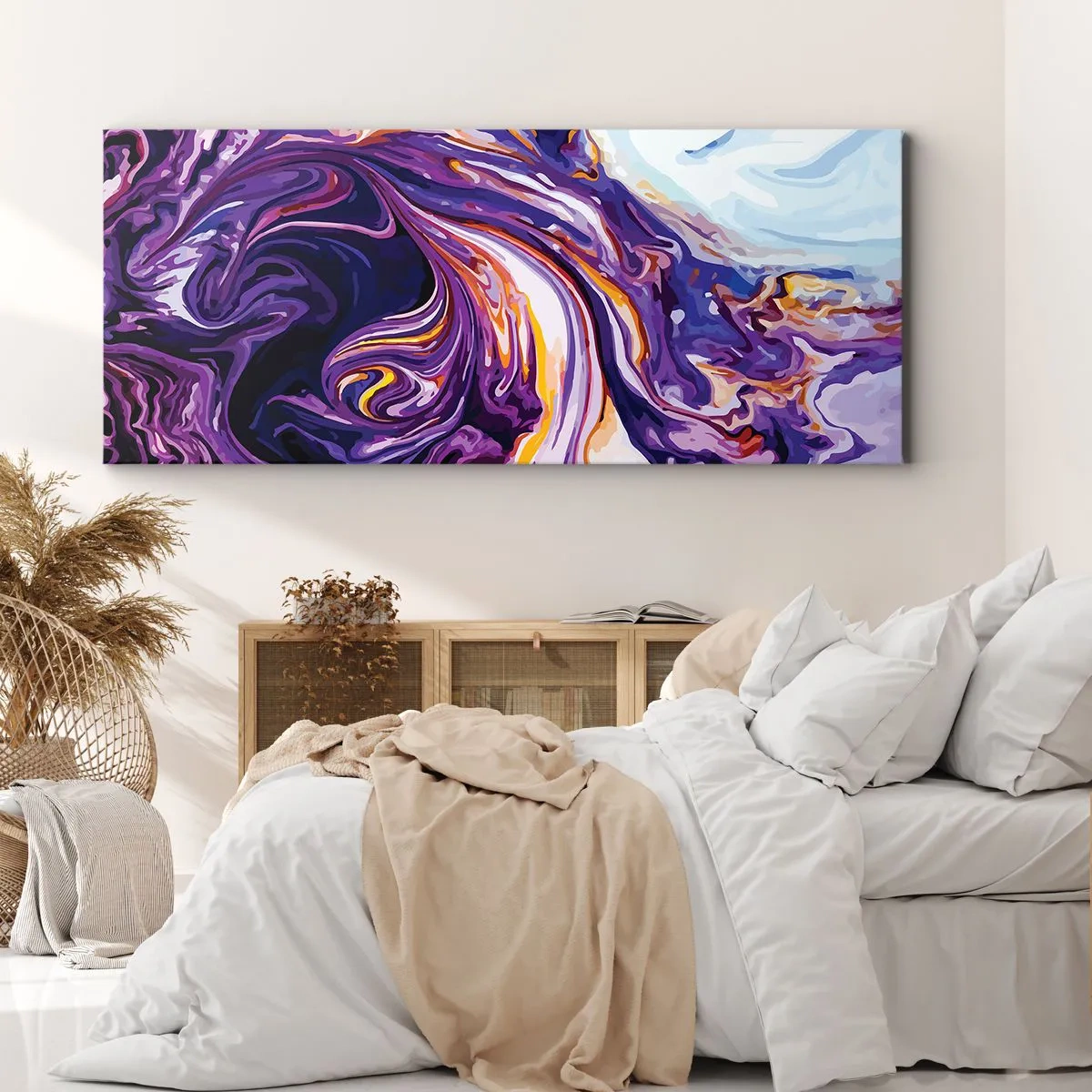 Impression sur toile - Image sur toile - Un motif abstrait dynamique dans des tons de violet et de jaune. - 120x50cm - La courbure de l'espace en violet - Décoration murale moderne pour le salon et la chambre ARTTOR