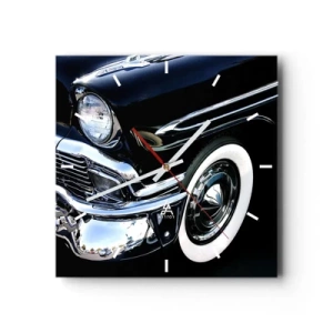Horloge murale - Pendule murale - Gros plan du phare et du garde-boue d'une voiture classique noire - 30x30cm - Classique en argent, noir et blanc - Décoration murale moderne pour le salon et la chambre ARTTOR