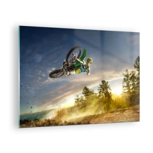 Impression sur verre - Image sur verre - Un motocycliste en action sur fond de soleil couchant - 70x50cm - Activez les émotions ! - Décoration murale moderne pour le salon et la chambre ARTTOR