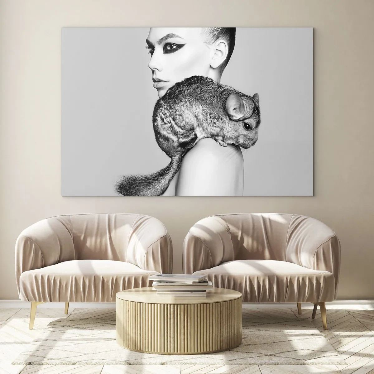 Impression sur verre - Image sur verre - Portrait d'une femme avec un chinchilla en noir et blanc - 120x80cm - Dame au chinchilla - Décoration murale moderne pour le salon et la chambre ARTTOR