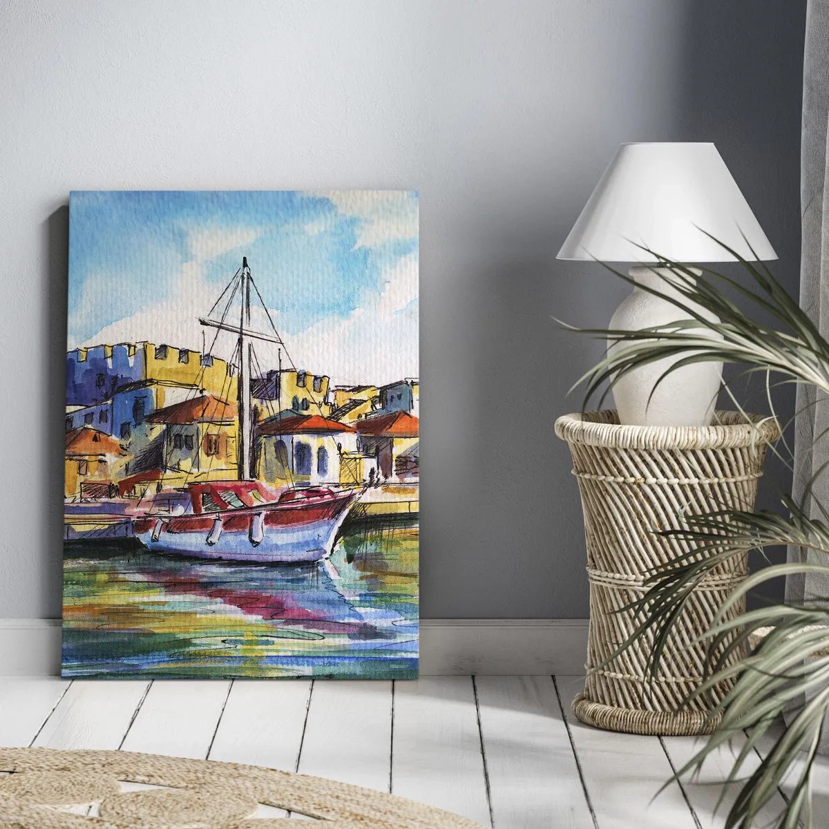 Impression sur toile - Image sur toile - Un port pittoresque avec un bateau et des bâtiments colorés - 80x120cm - Après-midi arc-en-ciel - Décoration murale moderne pour le salon et la chambre ARTTOR