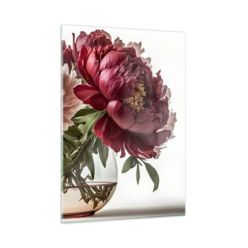 Impression sur verre - Image sur verre - Un bouquet de pivoines dans un vase en verre sur fond clair - 50x70cm - En pleine floraison de beauté - Décoration murale moderne pour le salon et la chambre ARTTOR
