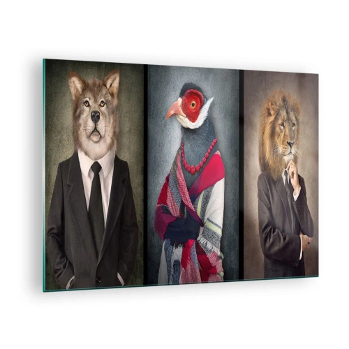 Impression sur verre - Image sur verre - Trois animaux en vêtements élégants sur un fond stylisé - 70x50cm - Qu'est ce que je fais ici?! - Décoration murale moderne pour le salon et la chambre ARTTOR