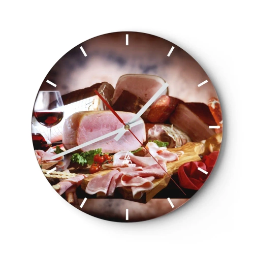 Horloge murale - Pendule murale - Arrangement de charcuterie et de viande avec un verre de vin - 30x30cm - Un rêve culinaire avec une carafe - Décoration murale moderne pour le salon, la cuisine et la chambre ARTTOR
