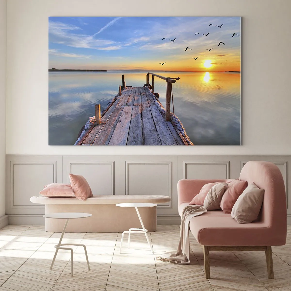 Impression sur verre - Image sur verre - Jetée en bois sur le lac au coucher du soleil - 100x70cm - Marcher droit vers le soleil - Décoration murale moderne pour le salon et la chambre ARTTOR