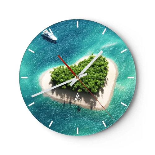 Horloge murale - Pendule murale - Une île en forme de cœur sur fond de mer turquoise - 30x30cm - J'aime l'été - Décoration murale moderne pour le salon, la cuisine et la chambre ARTTOR