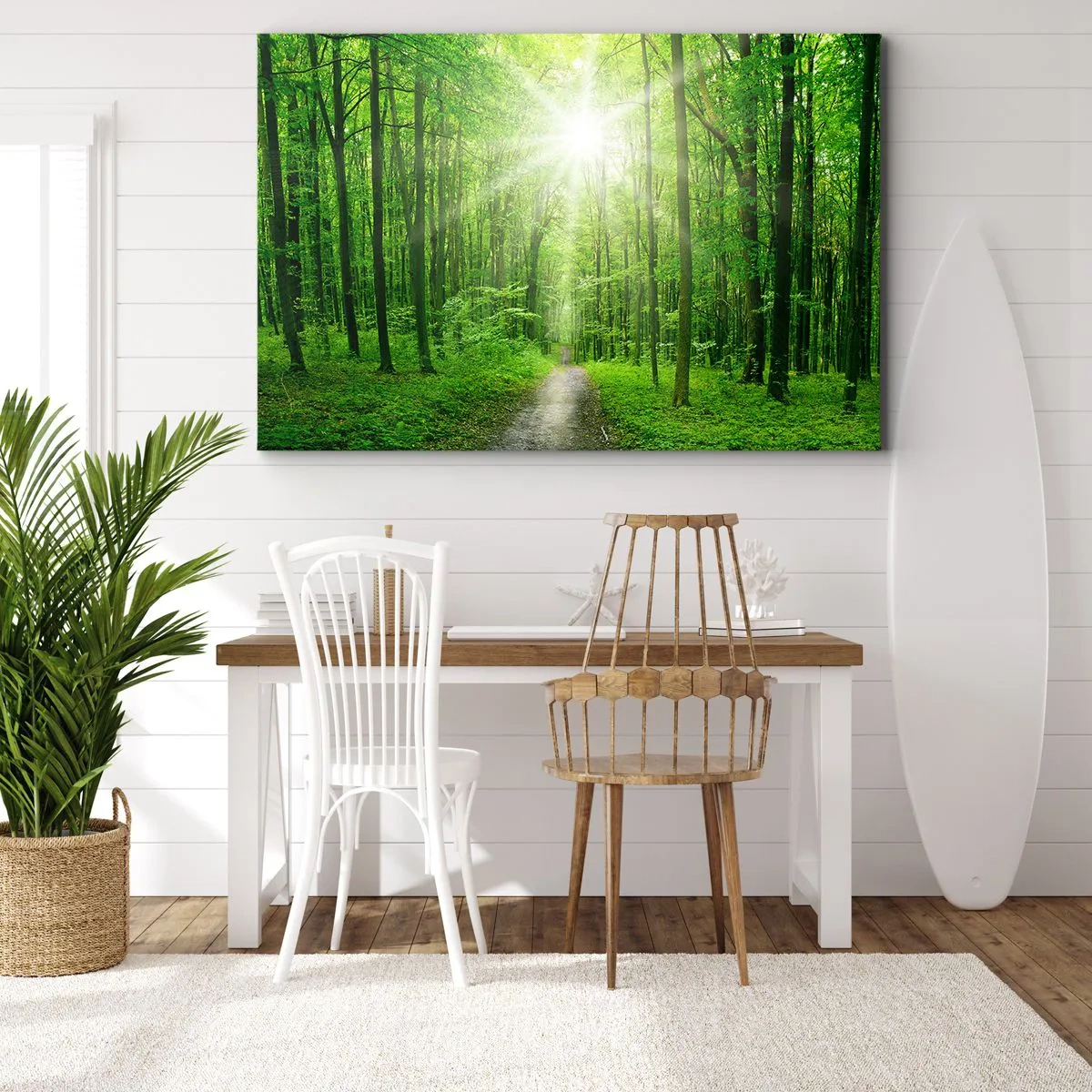 Impression sur toile - Image sur toile - Chemin dans la forêt avec les rayons du soleil - 120x80cm - Cathédrale verte - Décoration murale moderne pour le salon et la chambre ARTTOR