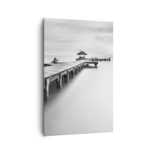 Impression sur toile - Image sur toile - Une vue en noir et blanc d'une jetée en bois sur une eau calme. - 80x120cm - À l'horizon - Décoration murale moderne pour le salon et la chambre ARTTOR