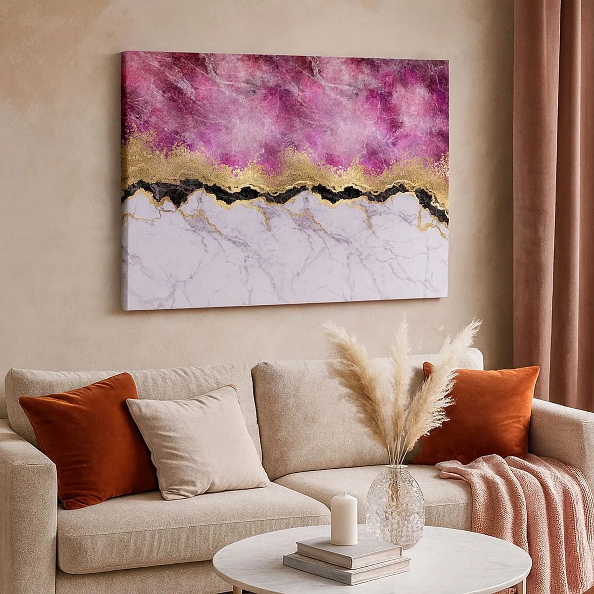 Impression sur toile - Image sur toile - Marbre abstrait dans des tons de rose avec des accents dorés - 70x50cm - À la frontière - Décoration murale moderne pour le salon et la chambre ARTTOR
