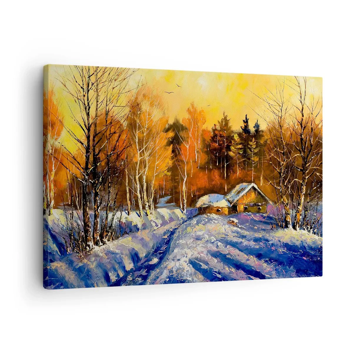 Impression sur toile - Image sur toile - Paysage d'hiver avec une maison à la lumière du soleil couchant - 70x50cm - Impression d'hiver au soleil - Décoration murale moderne pour le salon et la chambre ARTTOR