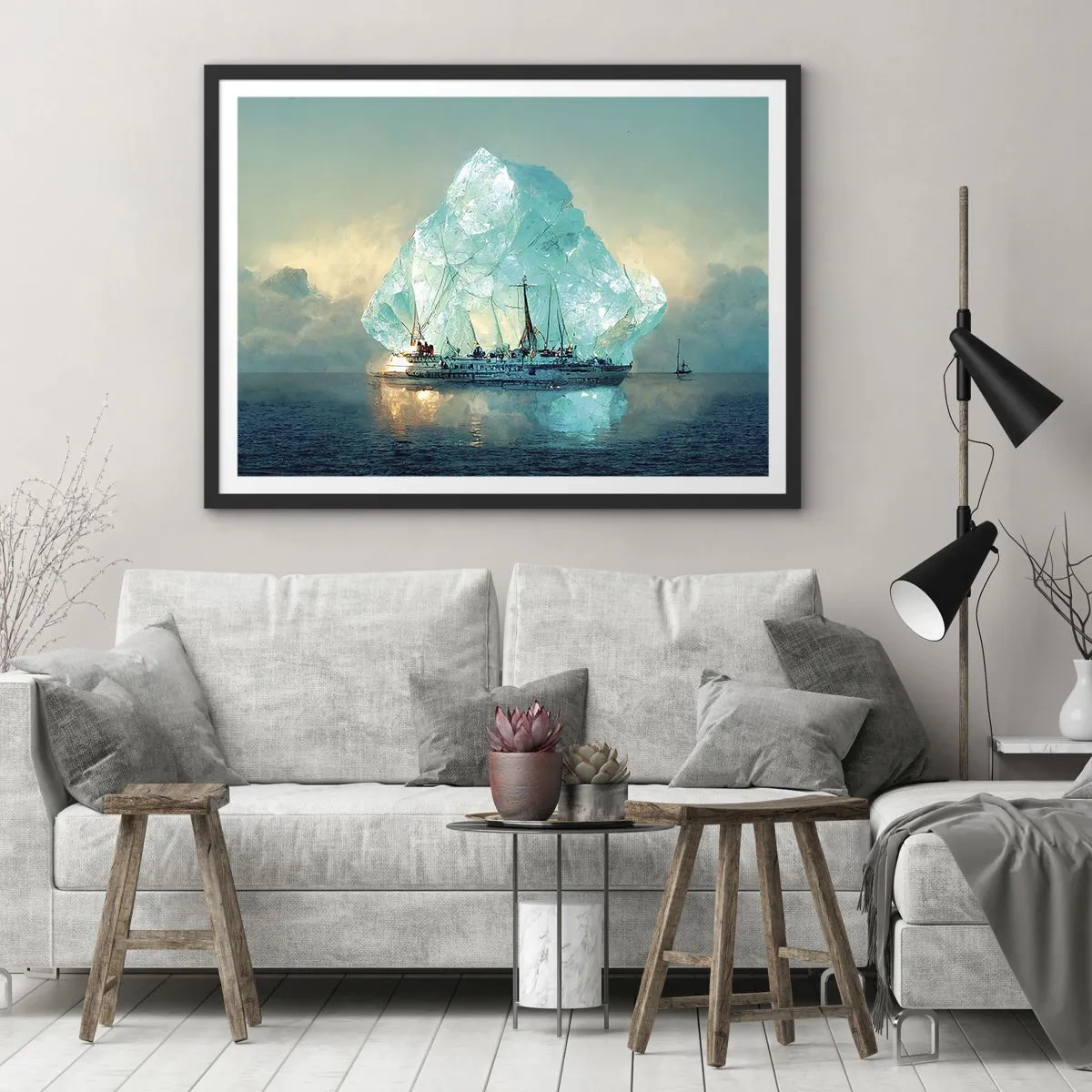 Affiche dans un cadre noir - Poster - Un navire avec un iceberg majestueux en arrière-plan - 70x50cm - Diamant arctique - Décoration murale moderne pour le salon et la chambre ARTTOR