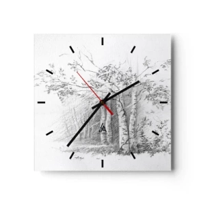 Horloge murale - Pendule murale - Un dessin d'une forêt de bouleaux dans un croquis au crayon subtil - 30x30cm - Lumière d'une forêt de bouleaux - Décoration murale moderne pour le salon et la chambre ARTTOR