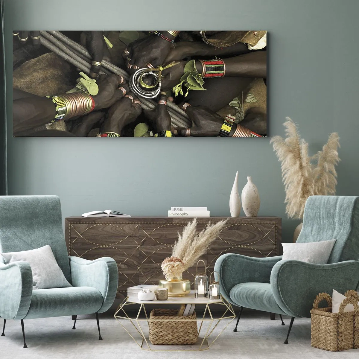 Impression sur toile - Image sur toile - Bracelets de main traditionnels dans un groupe de mains - 120x50cm - Nous sommes ensemble - Décoration murale moderne pour le salon et la chambre ARTTOR