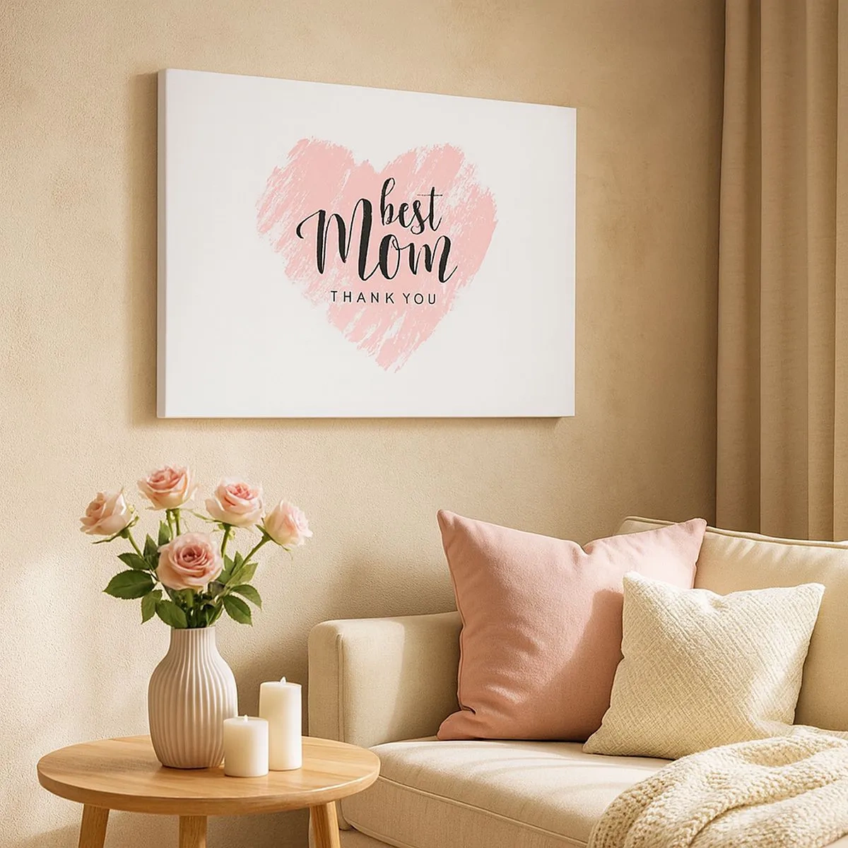 Impression sur toile - Image sur toile - Cœur rose avec les mots « Meilleure maman, merci » sur fond blanc - 70x50cm - Toujours au bon moment - Décoration murale moderne pour le salon et la chambre ARTTOR