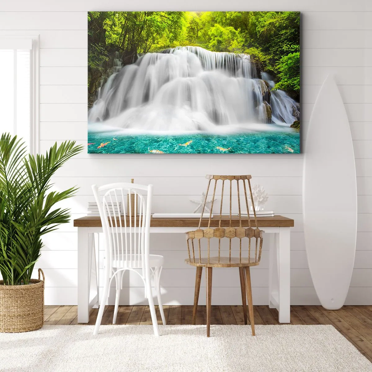 Impression sur toile - Image sur toile - Une cascade dans une forêt tropicale avec de l'eau turquoise - 120x80cm - Une cascade mousseuse du vert à l'azur - Décoration murale moderne pour le salon et la chambre ARTTOR