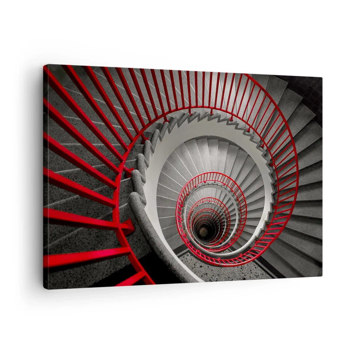 Impression sur toile - Image sur toile - Escalier en colimaçon avec rampes rouges dans une perspective dynamique - 70x50cm - Amusement architectural - Décoration murale moderne pour le salon et la chambre ARTTOR