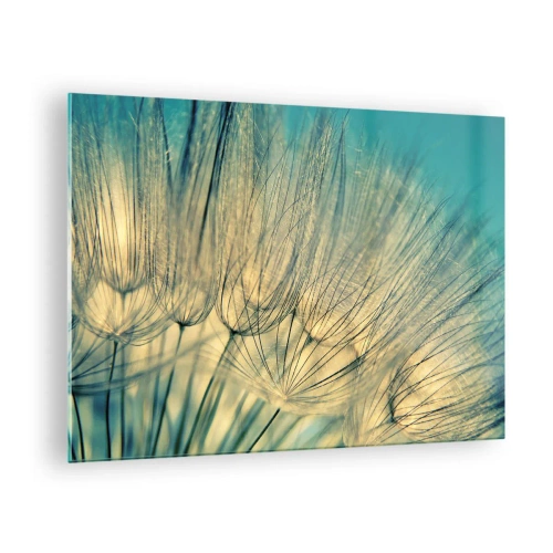 Impression sur verre - Image sur verre - Macrophotographie d'un pissenlit sur fond turquoise - 70x50cm - En attente du vent - Décoration murale moderne pour le salon et la chambre ARTTOR