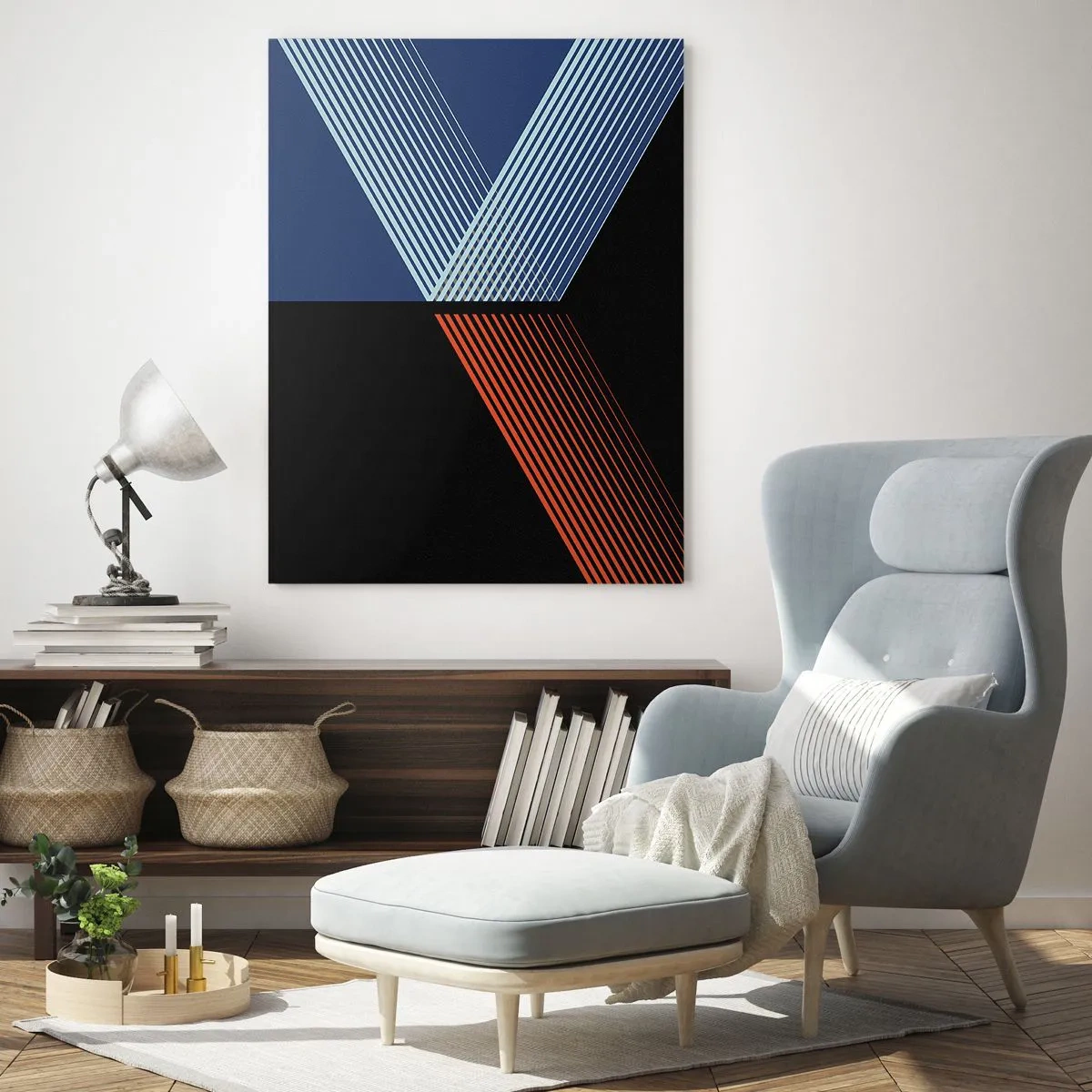Impression sur verre - Image sur verre - Une composition géométrique moderne avec des lignes et un contraste de couleurs. - 50x70cm - Histoire simple - Décoration murale moderne pour le salon et la chambre ARTTOR