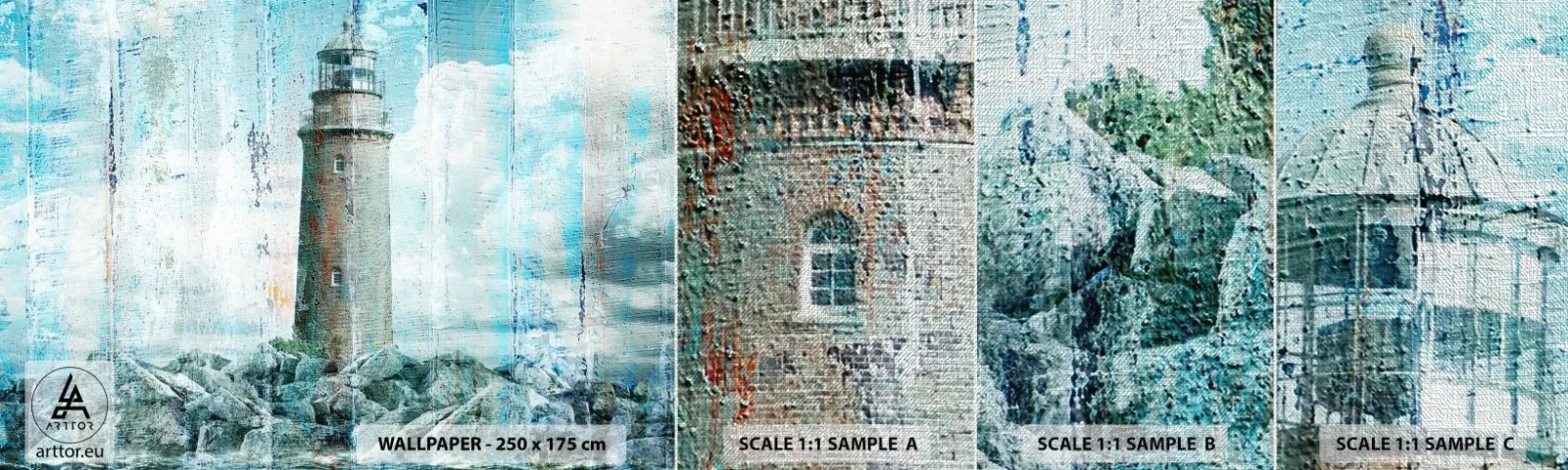 Échantillon de Papier Peint Premium Canvas - Sur du vieux bois - Abstraction, Phare, Mer - 100x30 cm